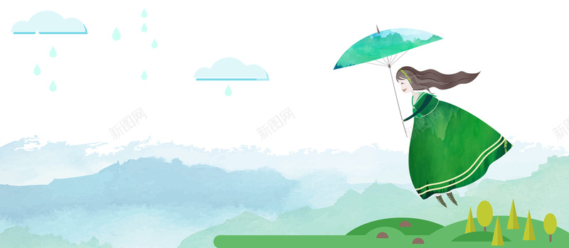 夏至卡通创意小女孩打伞绿色背景素材背景