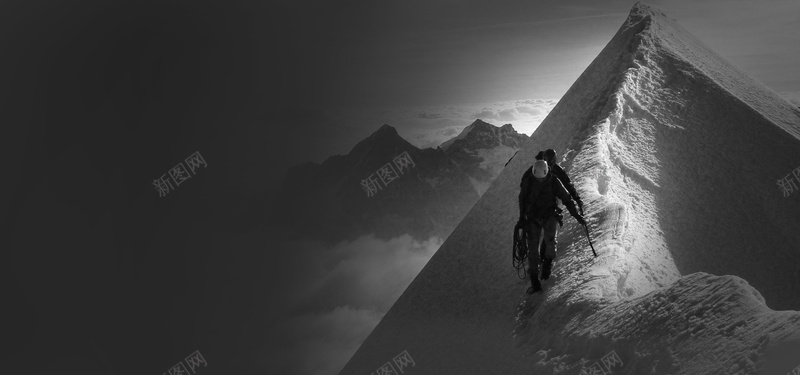 爬山的人背景装饰jpg设计背景_88icon https://88icon.com 背景装饰 剪影 爬山 雪峰 黑白 海报banner
