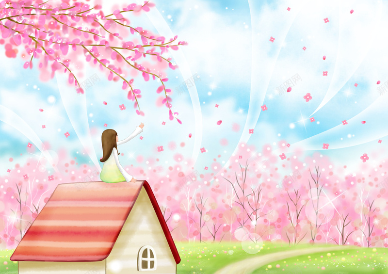 粉色树林背景素材psd设计背景_88icon https://88icon.com 粉色树林 女孩 春天 树枝 花 房子 屋顶 屋顶上的女孩 花瓣 光晕 背景