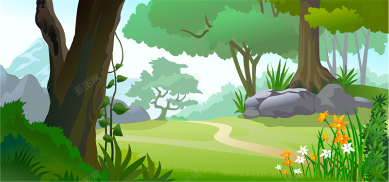 丛林小花背景jpg设计背景_88icon https://88icon.com 海报banner 丛林 小花 树干 石头 卡通 童趣 手绘