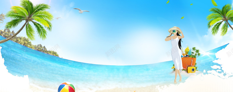 夏季海边旅游户型童趣蓝色背景背景
