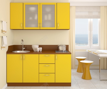 黄色厨房装修效果图片素材背景