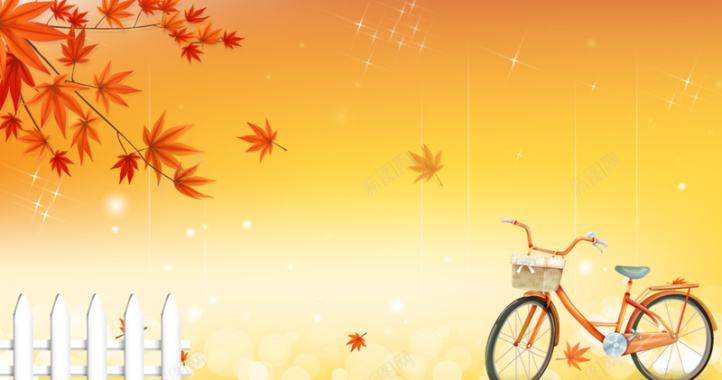 橙色手绘枫叶自行车背景背景