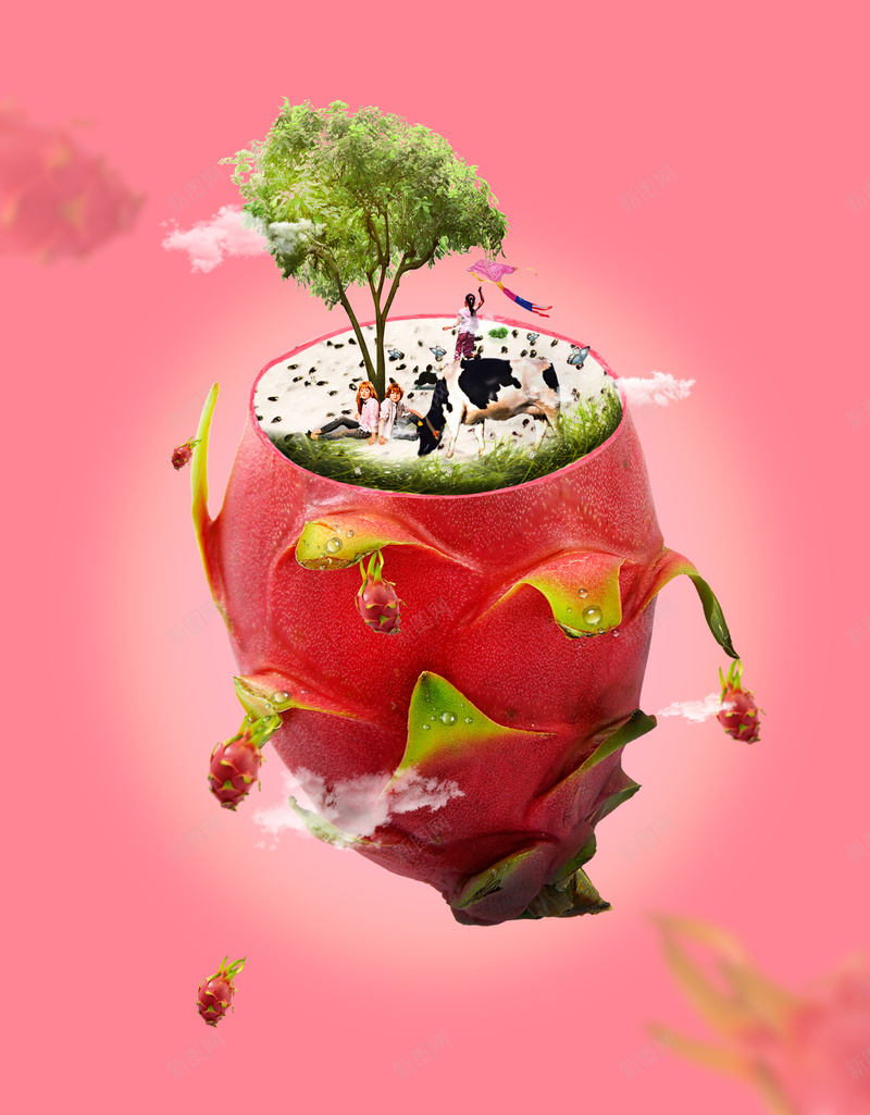创意水果海报设计psd设计背景_88icon https://88icon.com 创意海报设计 平面设计 水果 火龙果 树 奶牛 水果上的世界 浪漫 梦幻