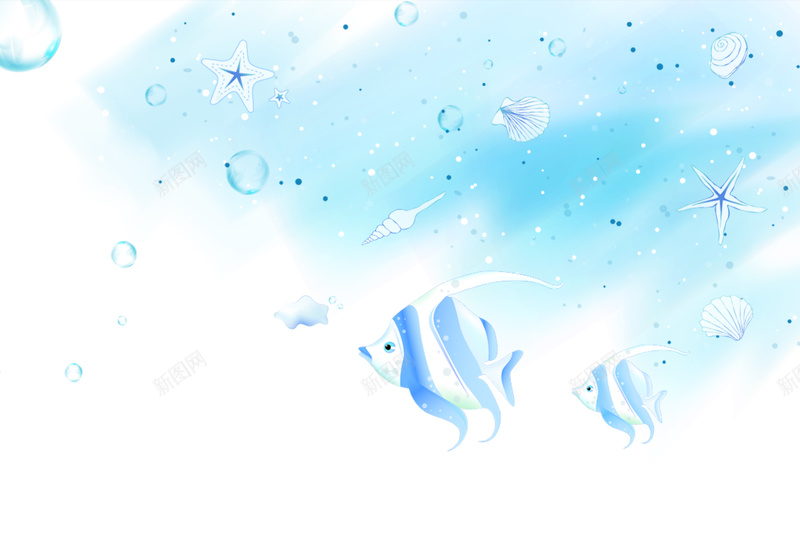 蓝色手绘热带鱼背景psd设计背景_88icon https://88icon.com 热带鱼 海星 海螺 蓝色 边框 手绘 水彩 卡通 童趣