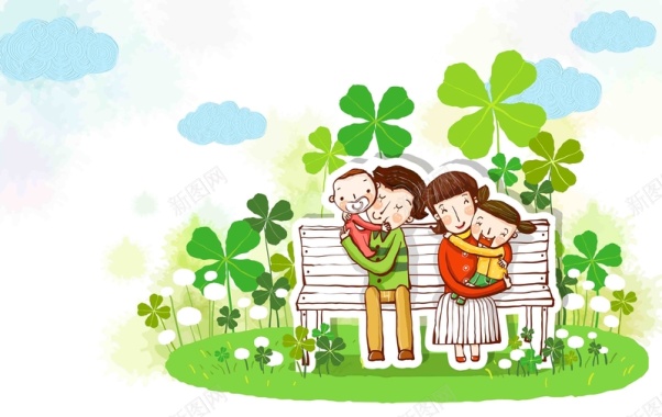 韩式清新幸福家庭一家人公园长椅海报背景背景