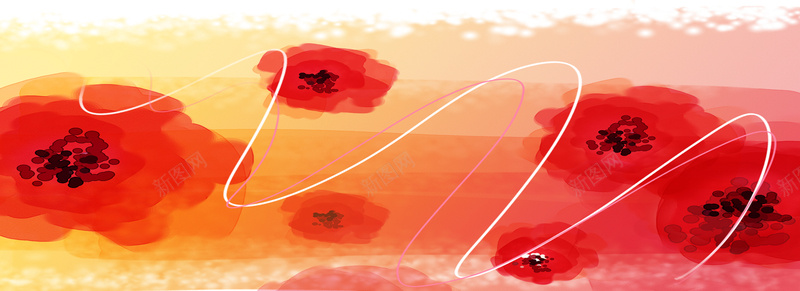 线条与抽象红色花朵banner背景背景