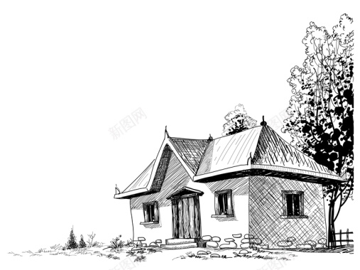 黑白线描房子风景背景图背景
