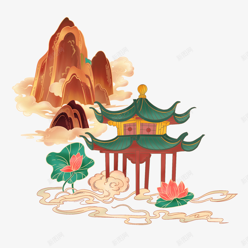 新式宫廷工笔风山水与八角亭装饰图案国潮png免抠素材_88icon https://88icon.com 八角亭 国潮 图案 宫廷 山水 工笔 新式 笔风 简笔山水画 装饰