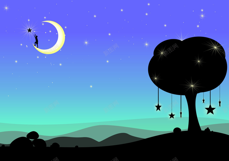 站在月亮上摘星星jpg设计背景_88icon https://88icon.com 儿童 星星 月亮 童话 树 孩子开心 蓝色 卡通 童趣 手绘