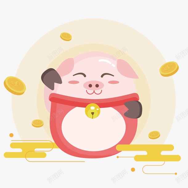 可爱小猪免抠素材png免抠素材_88icon https://88icon.com 扁平化 设计图 矢量图案 金色钱币 彩色底纹 新年大吉