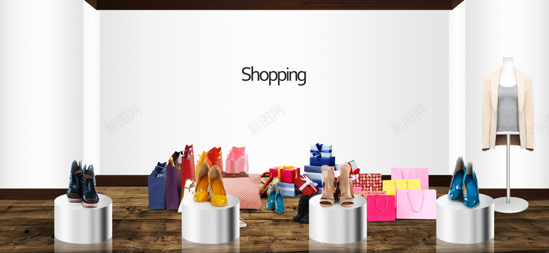 白色墙壁礼物购物袋皮鞋女鞋女装西服展台专柜购物消费背景背景
