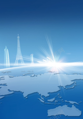 蓝色地球上的水晶塔和光束背景素材背景