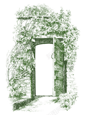 墨绿色手绘缠着藤曼的门扉背景图背景