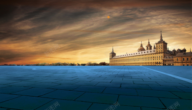 欧式城堡建筑蓝色大地蓝色背景素材背景