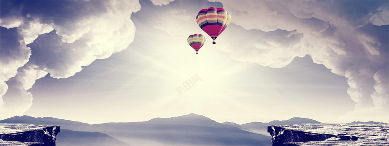 飞向远方背景jpg设计背景_88icon https://88icon.com 横幅背景 天空 灰白 热气球 海报banner 全屏banner背景 摄影 风景