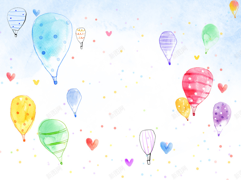 手绘彩色热气球背景psd设计背景_88icon https://88icon.com 热气球 圆点 彩色 手绘 线条 爱心 水彩 卡通 童趣