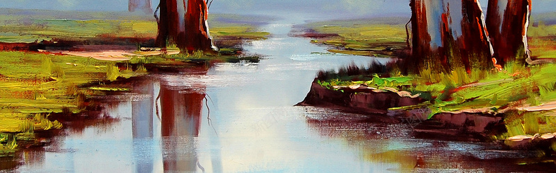 手绘油画河流写实背景背景