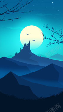 手绘蓝色矢量月夜城堡背景背景