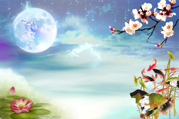 中国风春节蓝月下的花卉背景素材背景