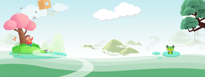 卡通自然风景清新绿色风景图海报背景psd设计背景_88icon https://88icon.com 绿色 自然 河流 树 动物 儿童 卡通 全屏 横版 温暖 幸福