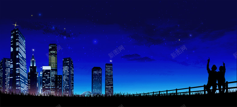 蓝色城市夜景情侣月亮详情页海报背景背景