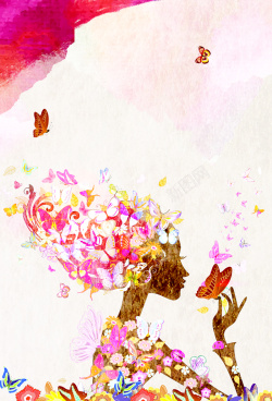 五颜六色的蝴蝶浪漫女性彩绘画海报高清图片