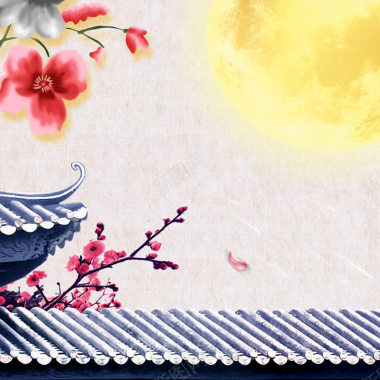 中国风屋顶圆月主图背景