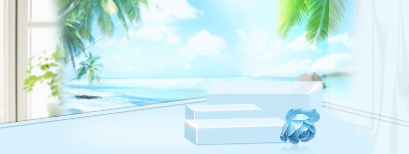 夏季蓝色海边清新电商海报背景背景