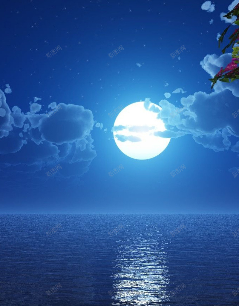 蓝色天空中的月亮H5素材背景jpg设计背景_88icon https://88icon.com 蓝色天空 夜晚 夜景 月亮 海面 H5素材 云朵 唯美