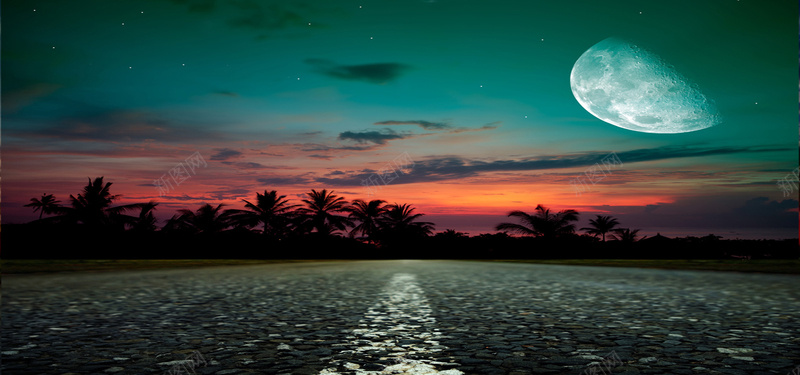 星空的月亮云彩与石头路背景