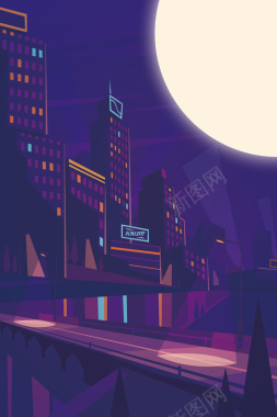 卡通扁平紫色月夜背景