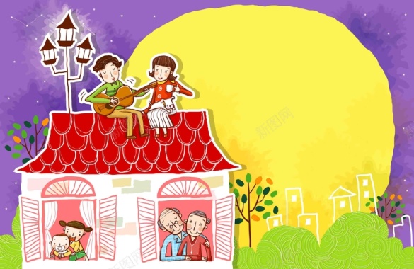 韩式清新幸福家庭一家人月亮房子海报背景背景