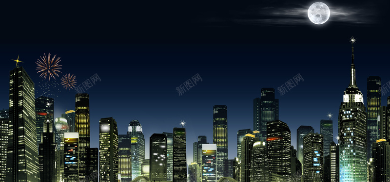 城市夜景设计素材psd设计背景_88icon https://88icon.com 海报banner 灯火辉煌 城市 月亮 烟花 楼盘 大气