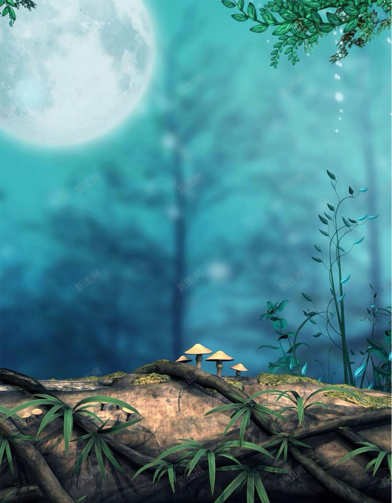 唯美的树林风景H5素材背景jpg设计背景_88icon https://88icon.com 青色背景 唯美 月亮 树林 植物 H5素材