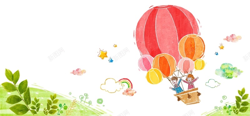 手绘卡通画背景psd设计背景_88icon https://88icon.com 插画素材 红色气球 孩子们 海报banner 卡通 可爱卡通彩笔画 童趣 手绘