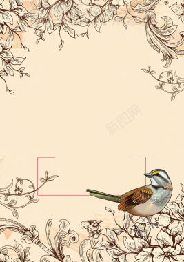 棕色手绘插画线条春季新品海报背景素材背景