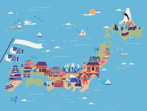 手绘矢量旅游日本景点九州四国东京海报背景