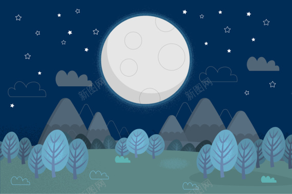 手绘卡通唯美月亮夜晚星空夜空背景素材背景