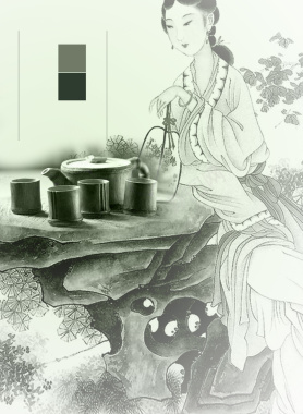 中国风淡雅茶文化古典仕女图背景素材背景