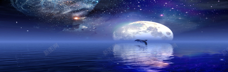 梦幻深蓝星空月亮大海海豚背景