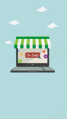 扁平化蓝色超市在线笔记本电脑概念H5背景背景