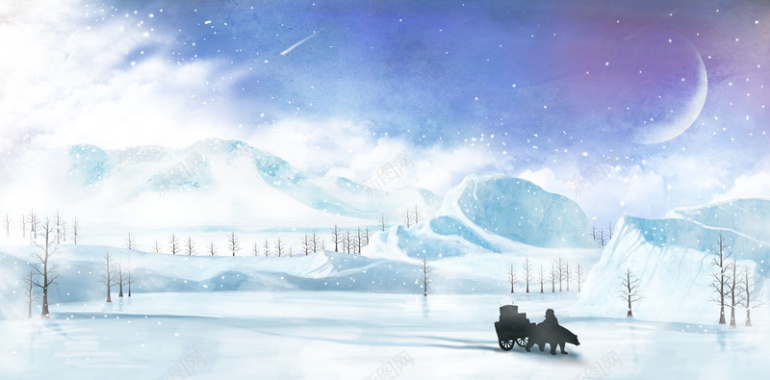 冬季白雪月亮高山梦幻海报背景背景