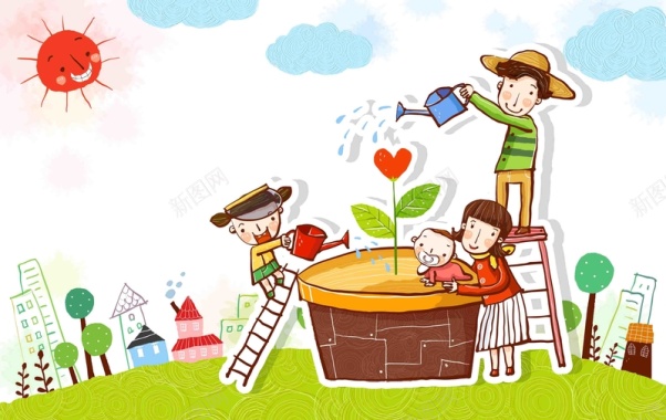 韩式清新幸福家庭一家人浇花灌溉海报背景背景