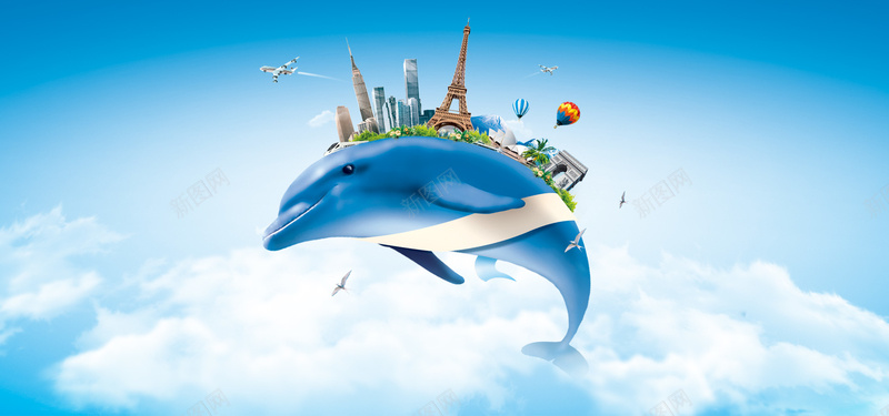 创意城市建筑海报psd设计背景_88icon https://88icon.com 创意设计 著名建筑 热气球 海豚 飞机 天空 海报banner