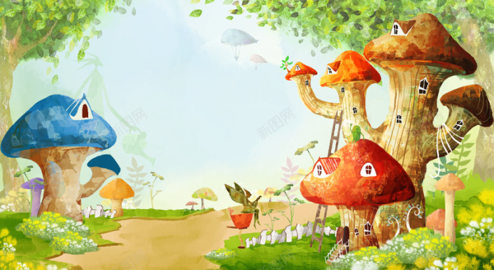 卡通蘑菇屋海报背景素材背景