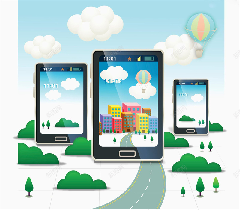 扁平卡通手机插画背景素材jpg设计背景_88icon https://88icon.com 热气球 城市 展示 手机 插画 树林 白云 通讯 道路 背景 海报