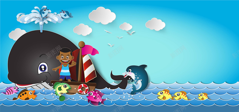 淘宝卡通航海儿童和鱼矢量海报背景背景