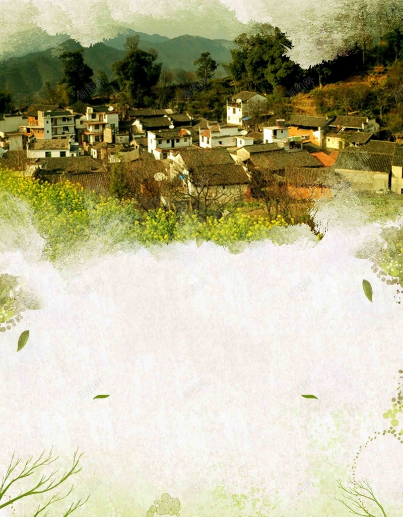 绿色唯美素雅最美乡村之旅树枝房屋旅游psd设计背景_88icon https://88icon.com 回归自然 最美乡村 美丽乡村 旅游 晕染 乡村之旅 水彩乡村风景 墨迹 旅游宣传 清新