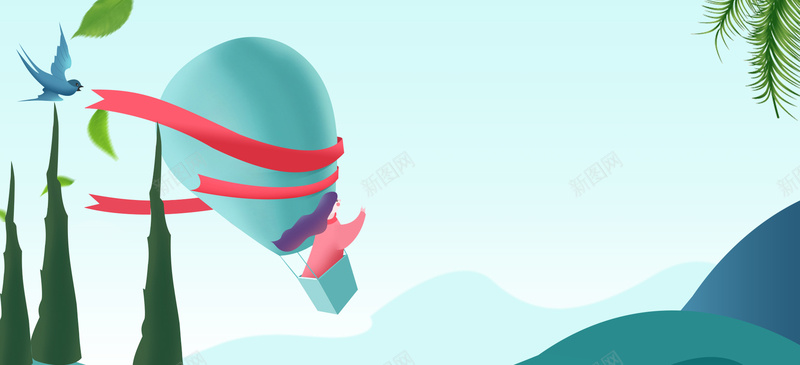 出游记文艺卡通热气球蓝色bannerpsd设计背景_88icon https://88icon.com 开春 文艺 春天 春季 绿色 小清新 简约 素材 广告 设计 背景 活力 踏春 丝带 热气球 绿叶